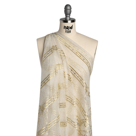 Metallic Re-Embroidered Raschel Lace - Ivory and Gold Stripes and Diamond Lattice with Floral Border