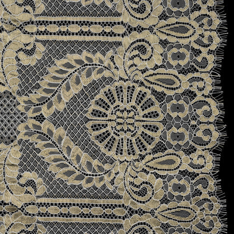 Metallic Re-Embroidered Raschel Lace - Ivory and Gold Stripes and Diamond Lattice with Floral Border