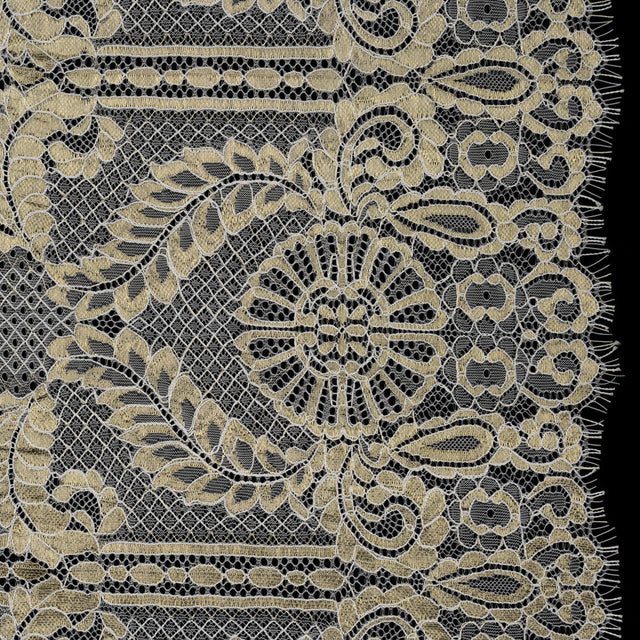 Metallic Re-Embroidered Raschel Lace - Ivory and Gold Stripes and Diamond Lattice with Floral Border