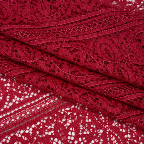 Re-Embroidered Lace with Finished Edges - Red Bug Floral Medallion Stripes