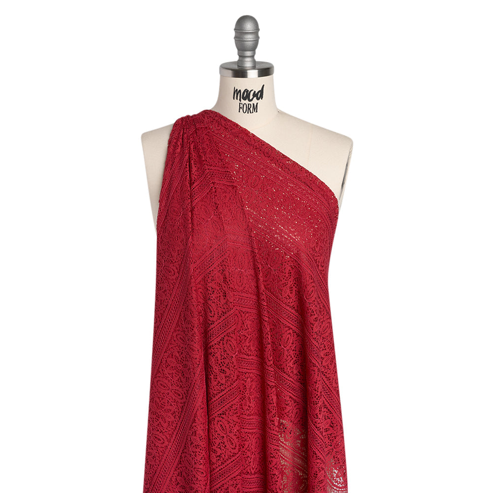 Re-Embroidered Lace with Finished Edges - Red Bug Floral Medallion Stripes