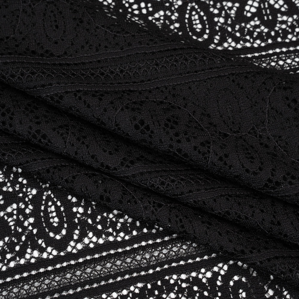 Re-Embroidered Lace with Finished Edges - Black Floral Medallion Stripes