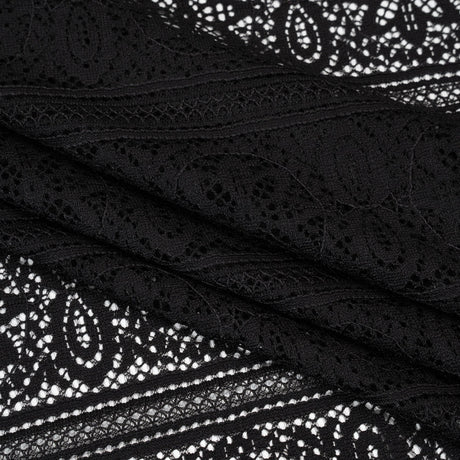 Re-Embroidered Lace with Finished Edges - Black Floral Medallion Stripes