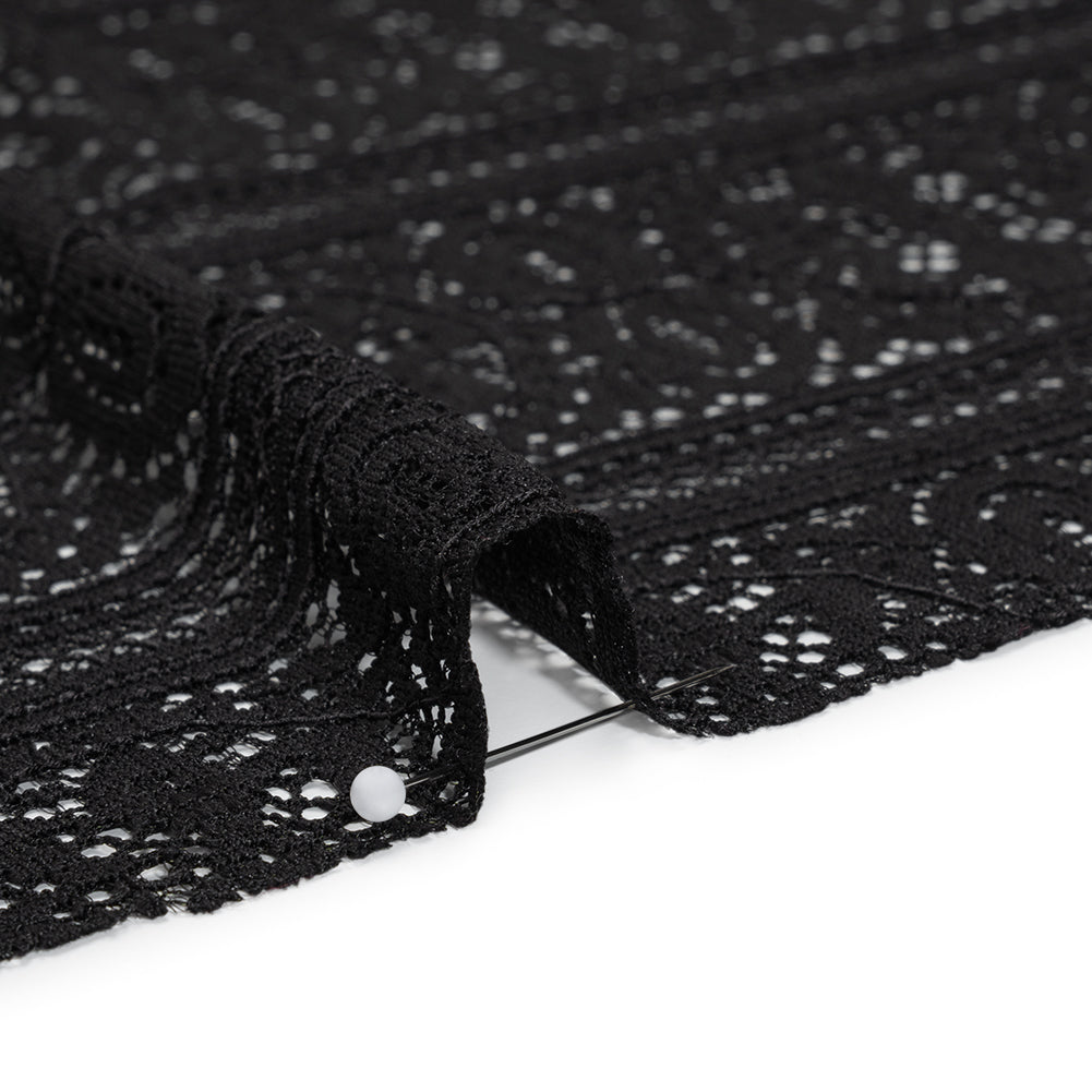 Re-Embroidered Lace with Finished Edges - Black Floral Medallion Stripes