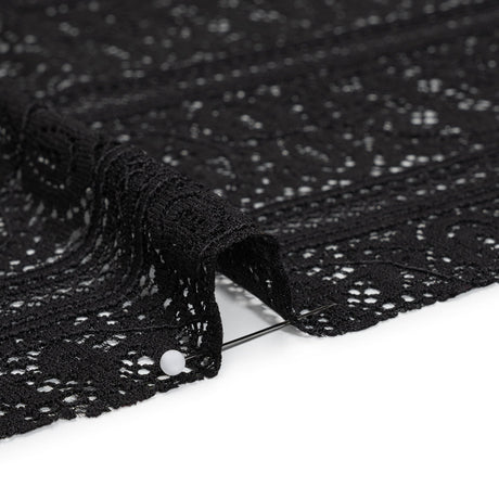 Re-Embroidered Lace with Finished Edges - Black Floral Medallion Stripes