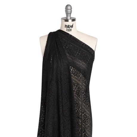 Re-Embroidered Lace with Finished Edges - Black Floral Medallion Stripes