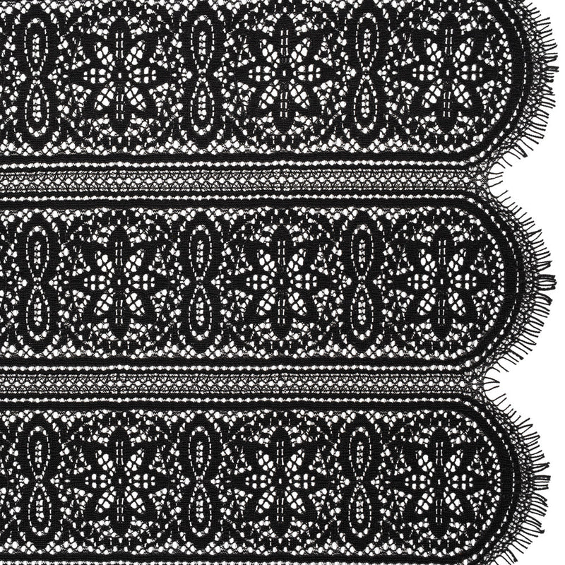 Re-Embroidered Lace with Finished Edges - Black Floral Medallion Stripes
