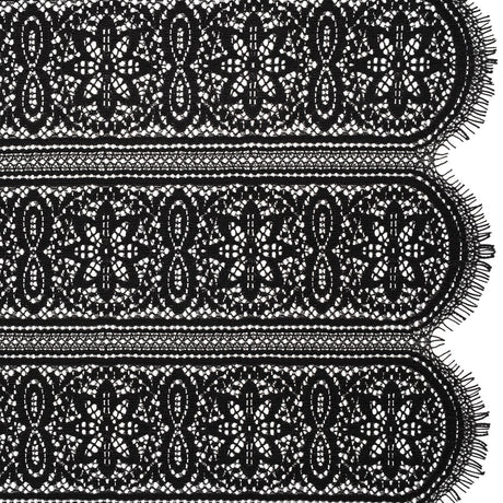 Re-Embroidered Lace with Finished Edges - Black Floral Medallion Stripes