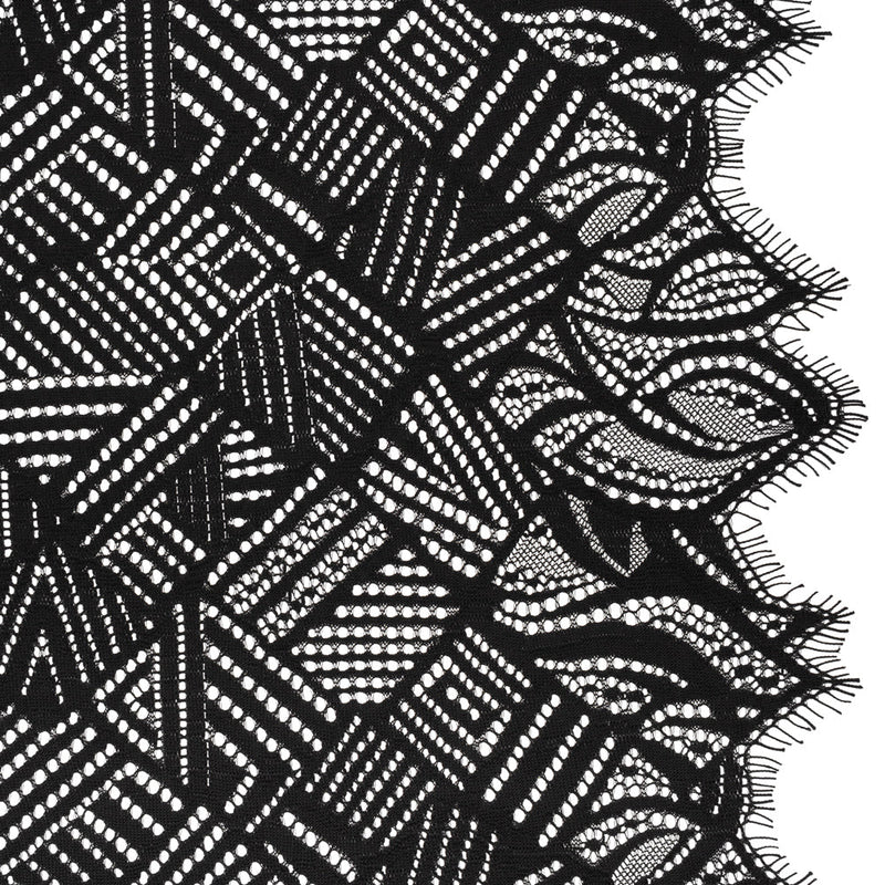 Raschel Lace with Organic Finished Edges - Black Geometry and Leaves