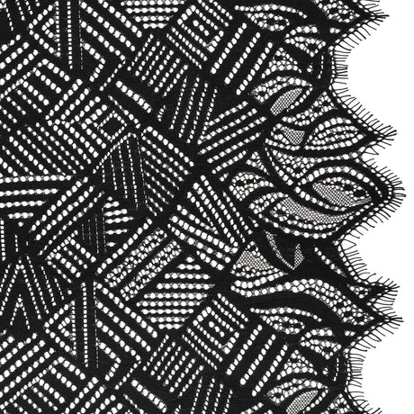 Raschel Lace with Organic Finished Edges - Black Geometry and Leaves