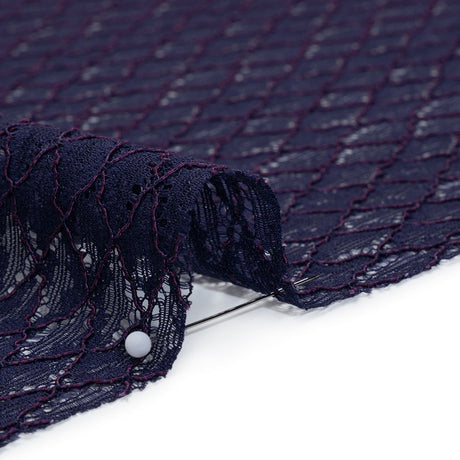 Corded Lace with Finished Eyelash Edges - Navy and Purple Diamond Lattice
