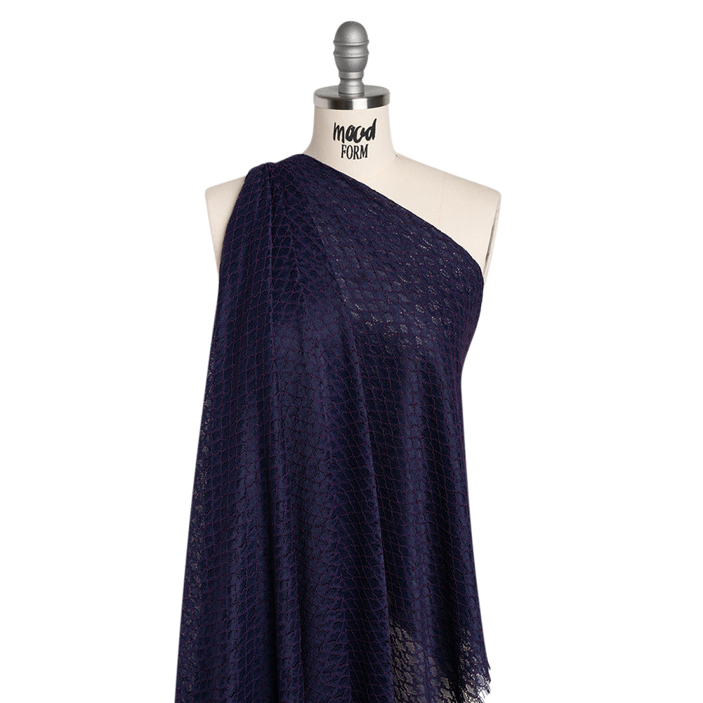 Corded Lace with Finished Eyelash Edges - Navy and Purple Diamond Lattice