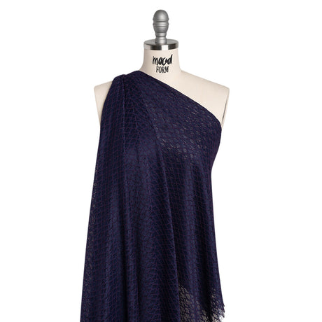 Corded Lace with Finished Eyelash Edges - Navy and Purple Diamond Lattice