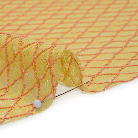 Corded Lace with Finished Eyelash Edges - Chartreuse and Confetti Pink Diamond Lattice