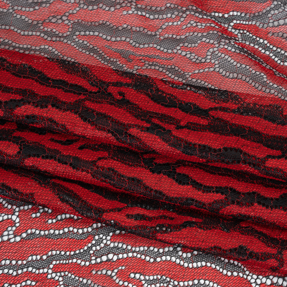 Raschel Lace Panel with Finished Edges - Black and Haute Red Animal Stripes