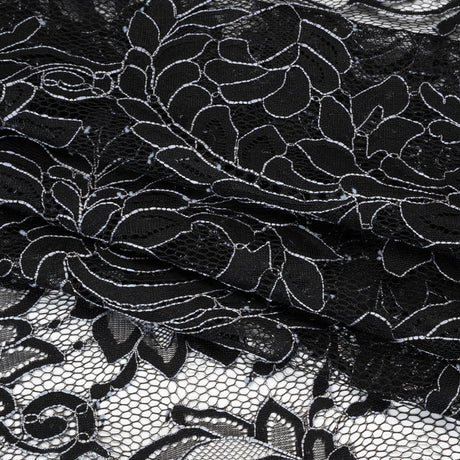 Corded Lace with Finished Scalloped Edges - Black and Ivory Flowers and Leaves