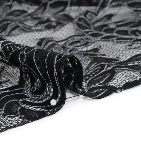 Corded Lace with Finished Scalloped Edges - Black and Ivory Flowers and Leaves