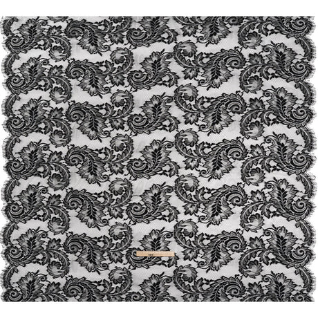 Corded Lace with Finished Scalloped Edges - Black and Ivory Flowers and Leaves
