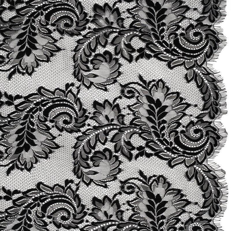 Corded Lace with Finished Scalloped Edges - Black and Ivory Flowers and Leaves