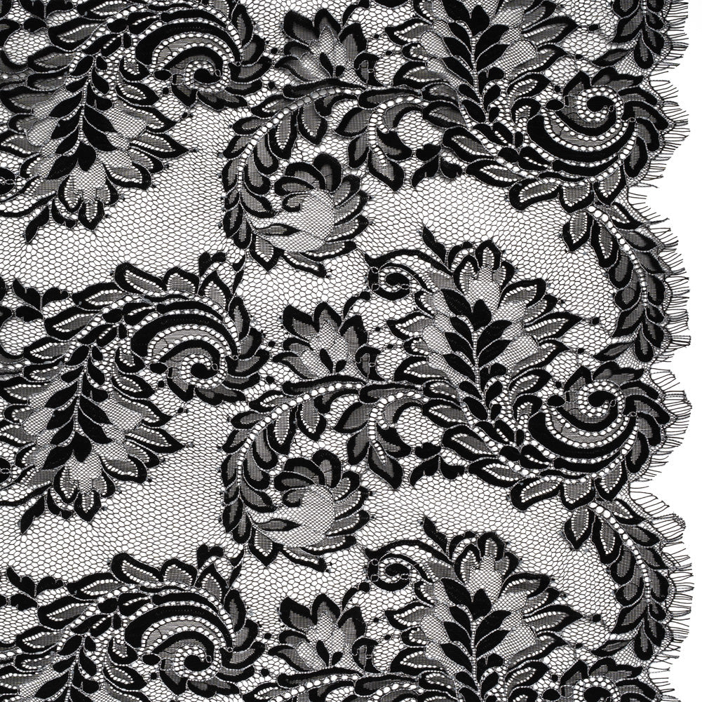 Corded Lace with Finished Scalloped Edges - Black and Ivory Flowers and Leaves