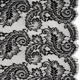 Corded Lace with Finished Scalloped Edges - Black and Ivory Flowers and Leaves