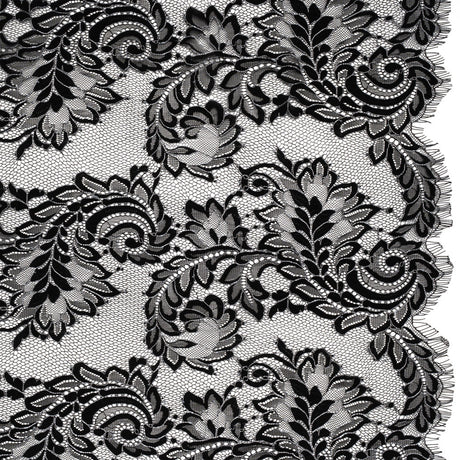 Corded Lace with Finished Scalloped Edges - Black and Ivory Flowers and Leaves