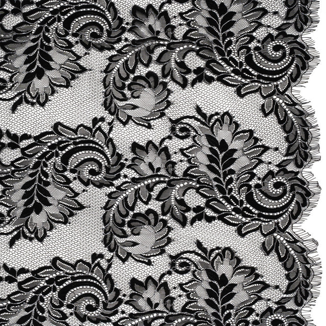 Corded Lace with Finished Scalloped Edges - Black and Ivory Flowers and Leaves