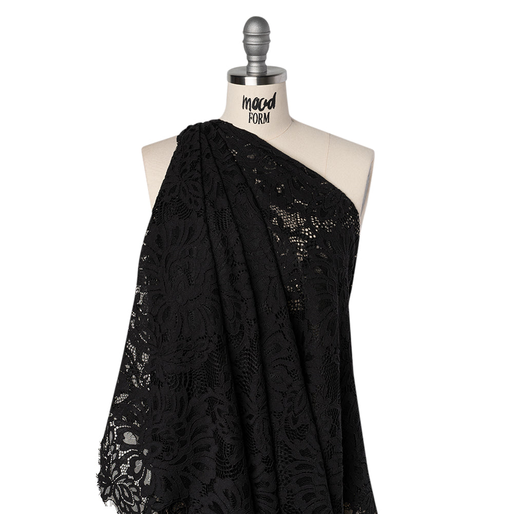Corded Lace with Finished Scalloped Edges - Black Bold Florals