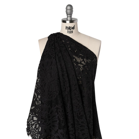 Corded Lace with Finished Scalloped Edges - Black Bold Florals