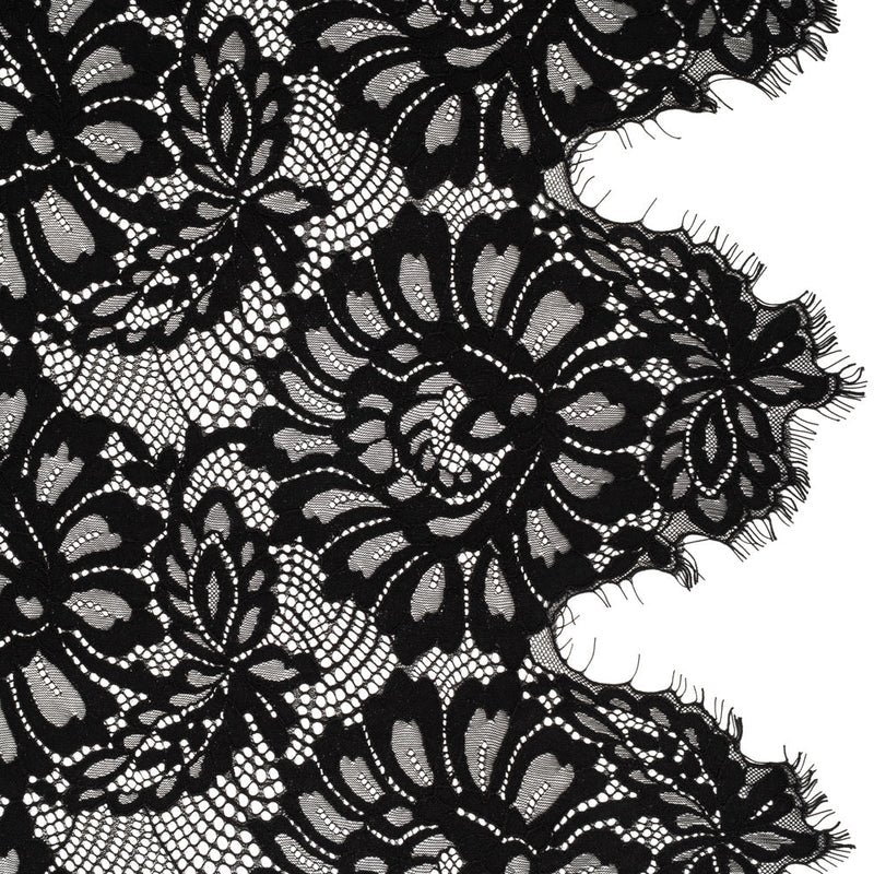 Corded Lace with Finished Scalloped Edges - Black Bold Florals