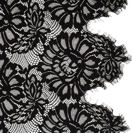 Corded Lace with Finished Scalloped Edges - Black Bold Florals