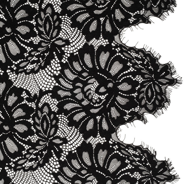 Corded Lace with Finished Scalloped Edges - Black Bold Florals