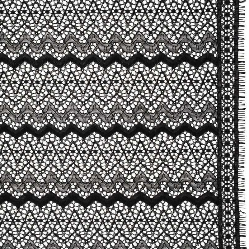 Corded Lace with Eyelash Fringe Edges - Black Zig Zag Stripes