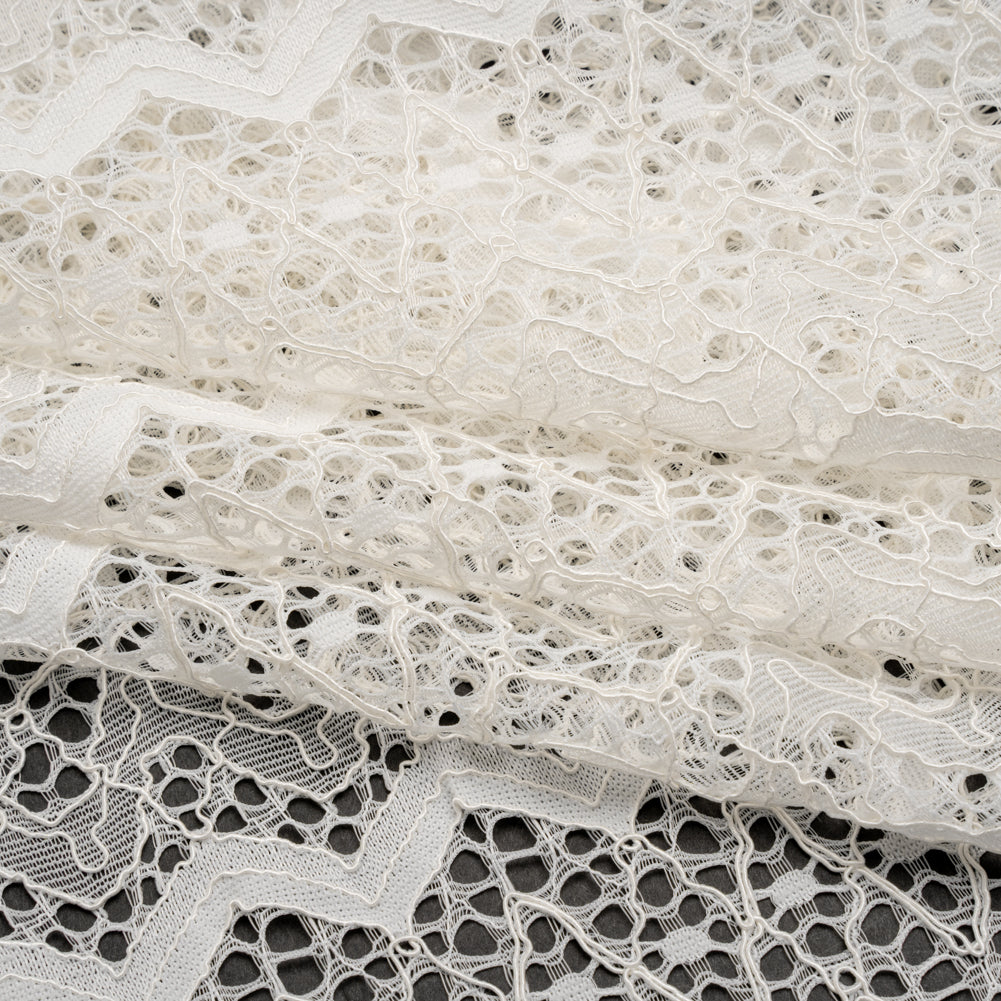 Corded Lace with Eyelash Fringe Edges - Ivory Zig Zag Stripes
