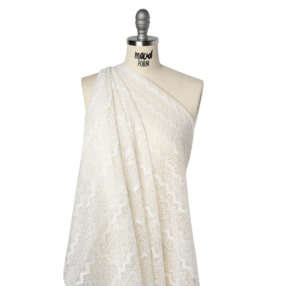 Corded Lace with Eyelash Fringe Edges - Ivory Zig Zag Stripes