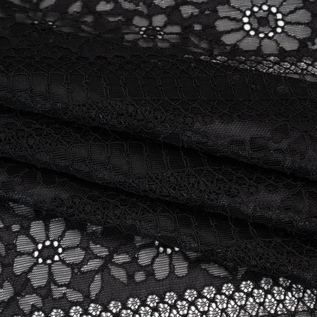 Corded Lace with Eyelash Fringe Edges - Black Floral and Geometric Stripes