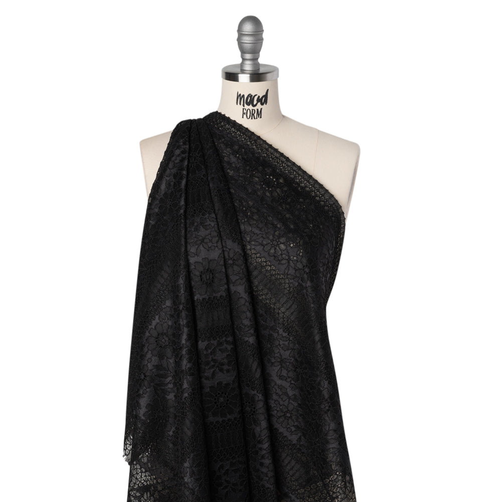 Corded Lace with Eyelash Fringe Edges - Black Floral and Geometric Stripes