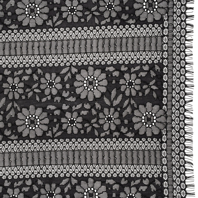 Corded Lace with Eyelash Fringe Edges - Black Floral and Geometric Stripes
