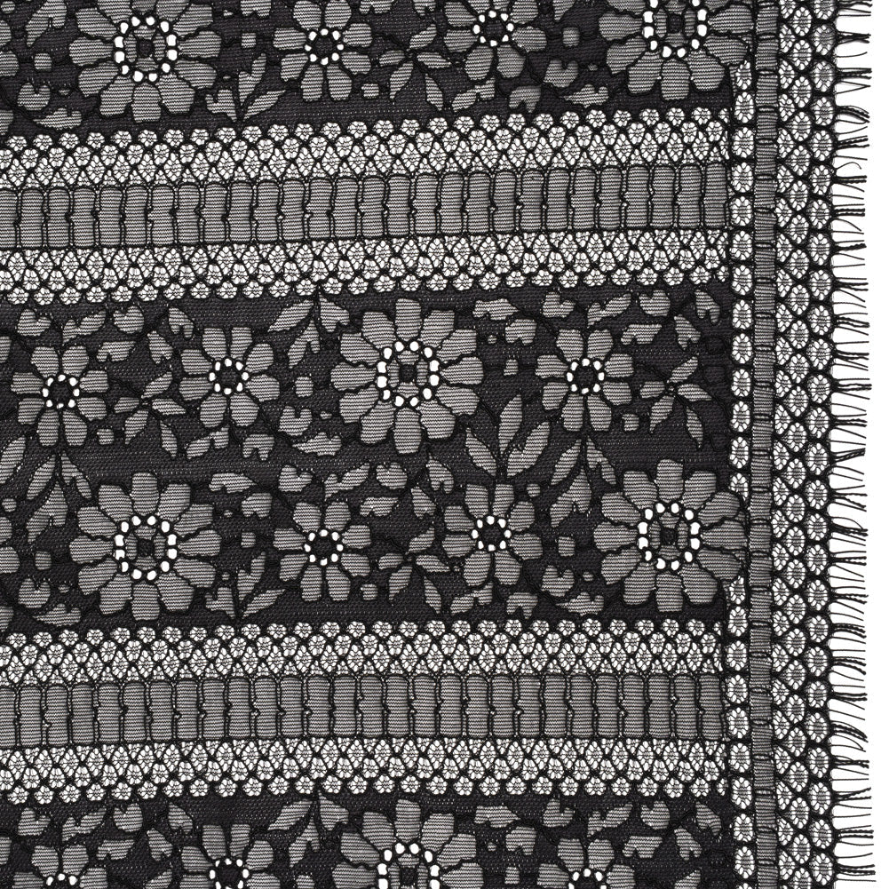 Corded Lace with Eyelash Fringe Edges - Black Floral and Geometric Stripes