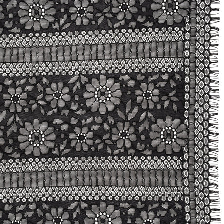 Corded Lace with Eyelash Fringe Edges - Black Floral and Geometric Stripes