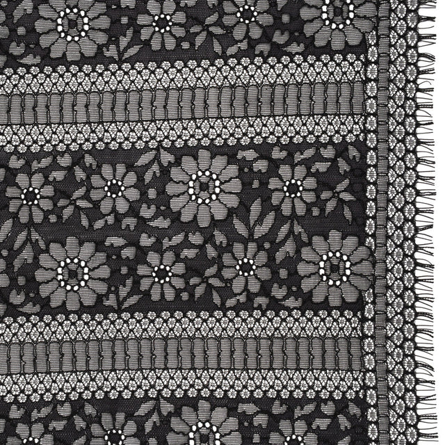 Corded Lace with Eyelash Fringe Edges - Black Floral and Geometric Stripes