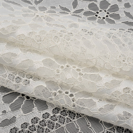 Corded Lace with Eyelash Fringe Edges - Ivory Floral and Geometric Stripes