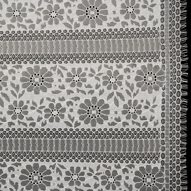 Corded Lace with Eyelash Fringe Edges - Ivory Floral and Geometric Stripes