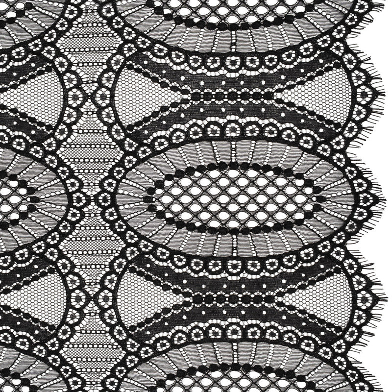 Corded Lace with Scalloped Fringe Edges - Black Geometric Lozenges