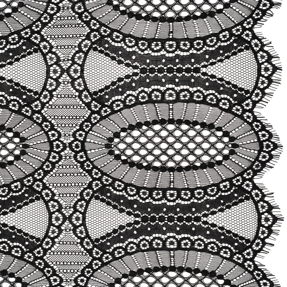 Corded Lace with Scalloped Fringe Edges - Black Geometric Lozenges