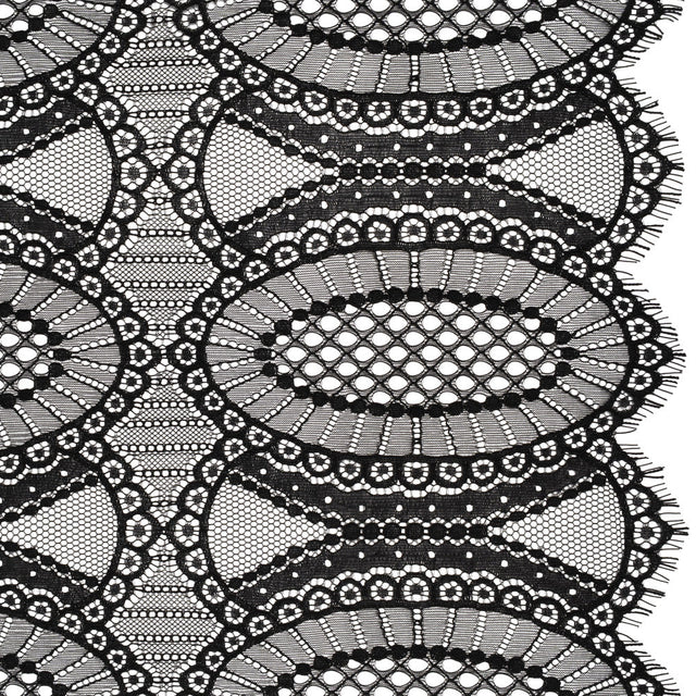 Corded Lace with Scalloped Fringe Edges - Black Geometric Lozenges