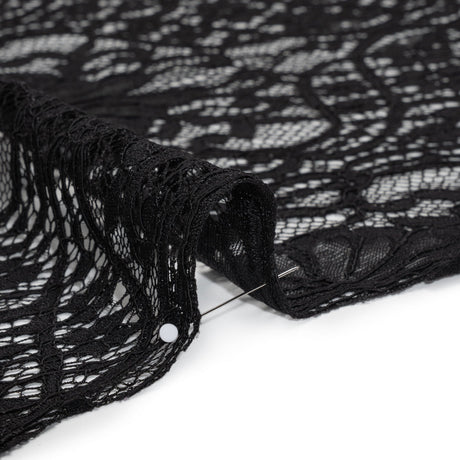 Corded Lace with Finished Edges - Black Fanciful Floral Ogees