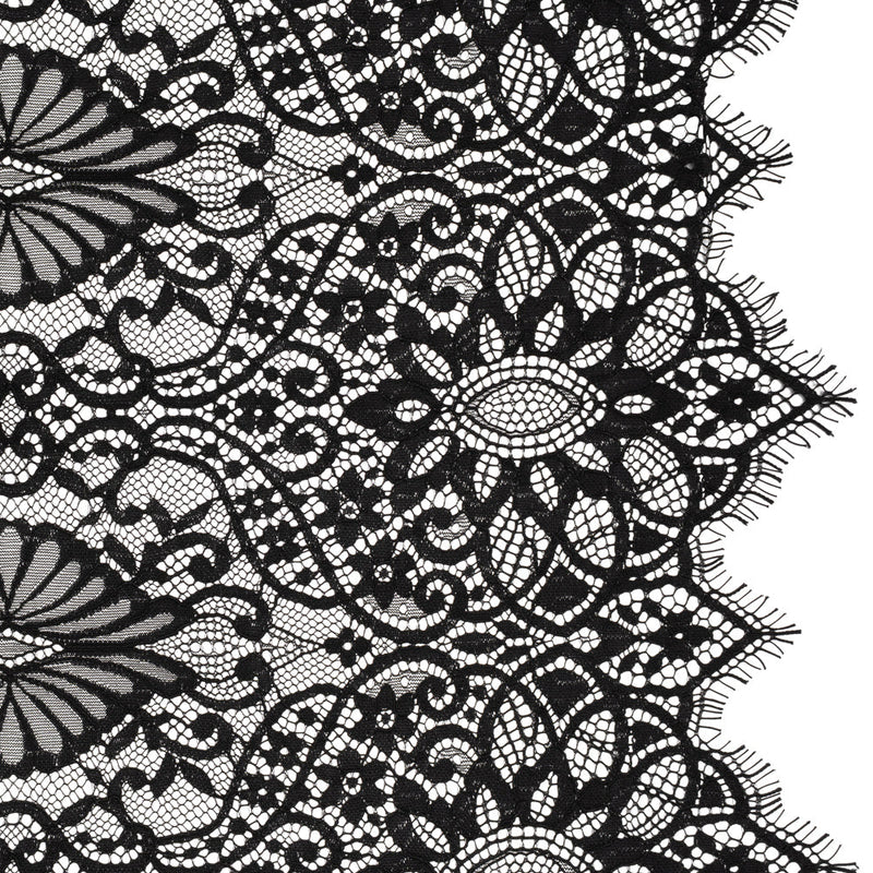 Corded Lace with Finished Edges - Black Fanciful Floral Ogees