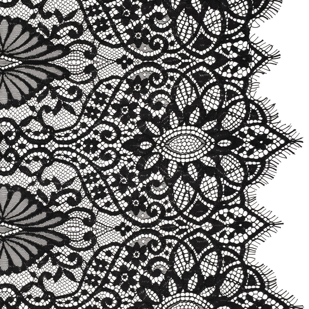 Corded Lace with Finished Edges - Black Fanciful Floral Ogees