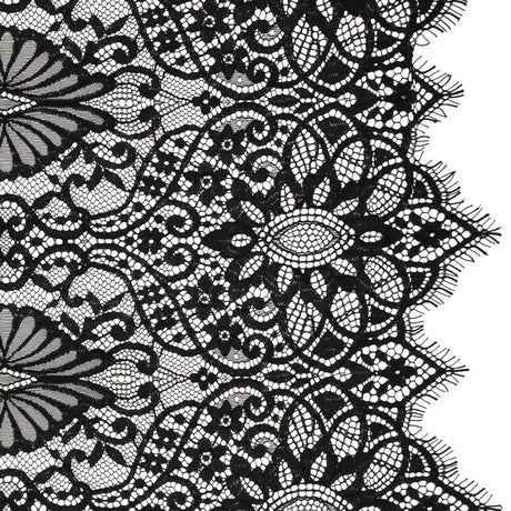 Corded Lace with Finished Edges - Black Fanciful Floral Ogees